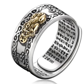 Kucheed Feng Shui PiXiu Mantra Ring, Silver Buddhist Lucky Finger Rings, Mani Amulet Mantra Jewellery, Double Protection Wealth Love Health Band, Vintage Adjustable Rings Gift, Non-precious metal