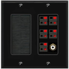RiteAV 5 Port Speaker Wire Plug Jack Wall Plate+1 RCA for Subwoofer Brush Black