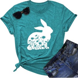 Happy Easter Cute Women's Cotton Sleeveless T-Shirts with Easter Bunny & Egg GraphicsColor: Sky blue-2, Size: L