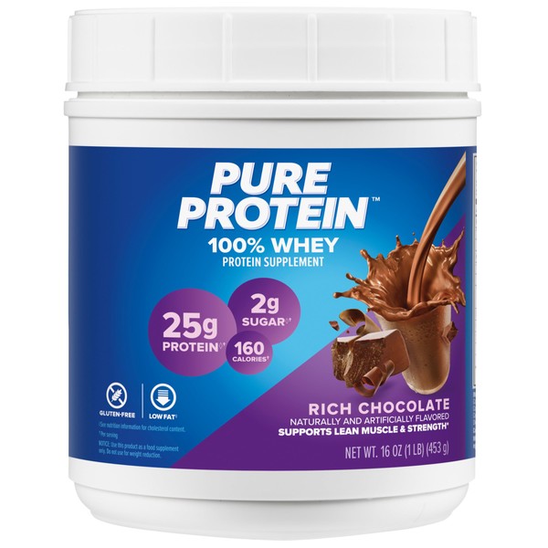 Pure Protein Powder, Whey, High Protein, Low Sugar, Gluten Free, Rich Chocolate, 1 lb (Packaging may vary)