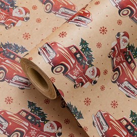 WRAPAHOLIC Kraft Cars Christmas Wrapping Paper - Mini Roll - 17 Inch x 16.5 Feet - Vintage Santa Claus and Car Wrapping Paper for Christmas, Holiday, Party Celebration