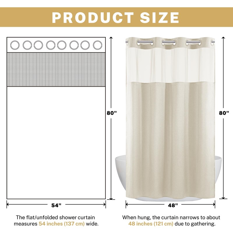 WONICY Small No Hooks Luxury Shower Curtain Set with Snap-in