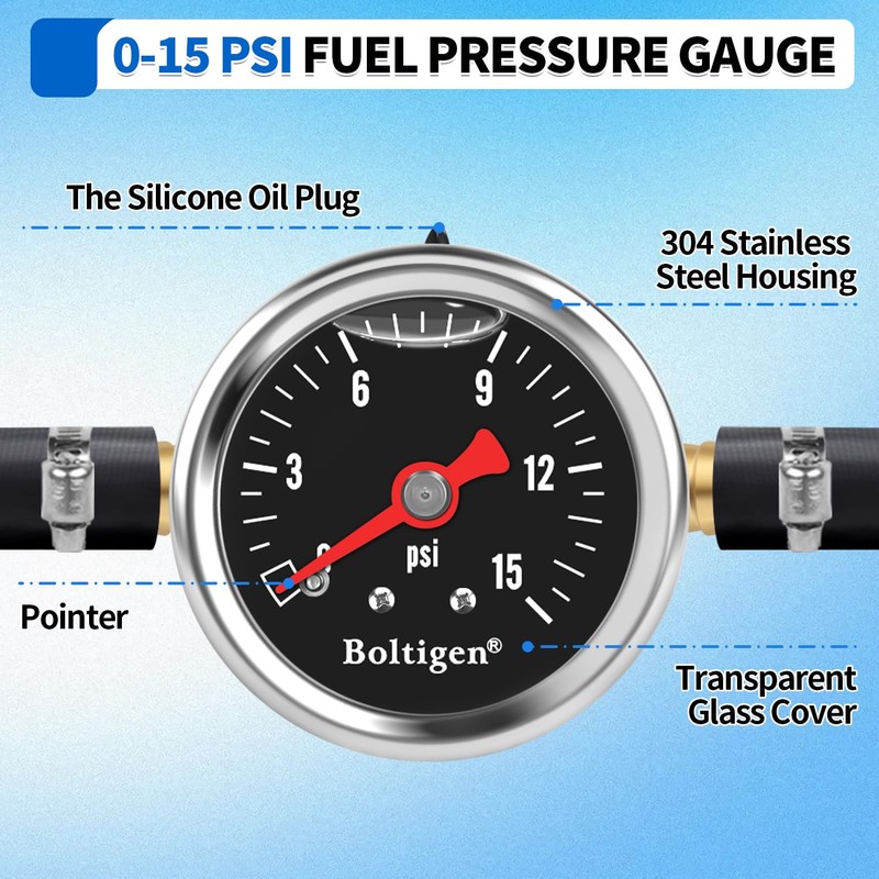 Boltigen Fuel Pressure Gauge, 1/8'' NPT Inline Fuel Pressure Guage
