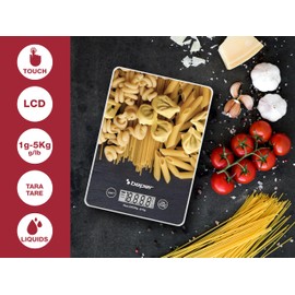 BEPER P102BIL003 Digital Kitchen Scale, Tempered Glass Top, Kitchen Scales with LCD Display and Touch Buttons, Tare Function, Maximum Capacity 5 kg, Automatic Shut-Off, Pasta Pattern