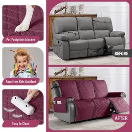 TAOCOCO 100% Waterproof Recliner Cover, Non-Slip Washable Reclining Couch Cover with Elastic Leg Straps, Furniture Protector for Dogs (Wine, 3 Seater)