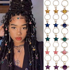 NAISKA 15 Pieces Gold Star Hair Accessories Braid Clips Colorful Stars Planet LoC Hair Jewelry Rings Starry Sky Pendant Charms Dreadlock Accessories Hair Jewelry for Women