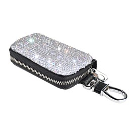 eing Bling Crystal Car Key Case Genuine Leather Auto Smart Keychain Holder Metal Hook and Keyring Zipper Bag for Remote Key Fob - Silver