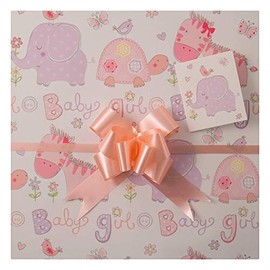 Baby Girl Gift Wrap Pack, Two Sheets, Two Matching Tags and Two Pale Pink Pull Bows, Arrives in an A4 Boarded Envelope for protection, Baby Shower/Birth, First Birthday, Christening,