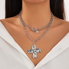 Angyape Chunky Cross Necklace for Women, Statement Hammered Bold Cross Necklace Non Tarnish Paperclip Thick Chain Vintage Layering Toggle Clasp Pendant Choker Jewelry（Layered Silver）