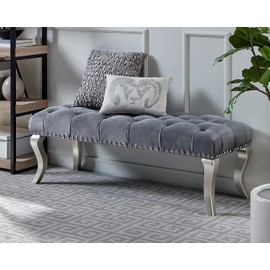 TREATLIFE HOME Upholstered Tufted Fabric Bench with Nailhead Trim for Modern Style, Soft Gray