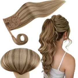 RUNATURE Ponytail Hair Extensions - Real Human Hair Blonde Highlight Caramel Clip in Extensions - 22 Inch 80g