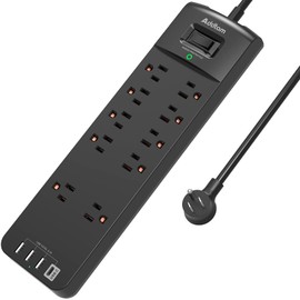 Addtam 15FT Long Power Strip, Surge Protector with 10 Outlets and 4 USB Ports, Extension Cord with Flat Plug, 2700 Joules, ETL Listed, Black