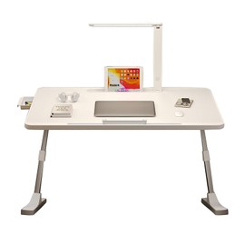 Foldable Laptop Desk for Bed with LED Lamp 3 Levels Brightness 5 Adjustable Heights 10.6 "-15.4" Laptop Bed Table Computer Table Lap Bed Tray for Reading Writing Working Pearl White