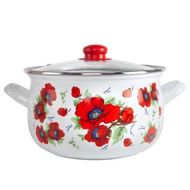 STP GOODS Enameled Aluminum Pot Poppies Belly Deep Casserole Cooking Pot with Glass Lid Cookware Soup Pot (2.2-qt. (2.1 L))