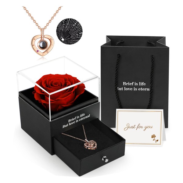 Preserved Real Rose, Gift Box with I Love You Necklace, Handmade Eternal Real Rose Flower Gifts for Her Woman Wife Girlfriend Mother on Birthday, Anniversary, Valentine's Day, Mother's Day, Christmas