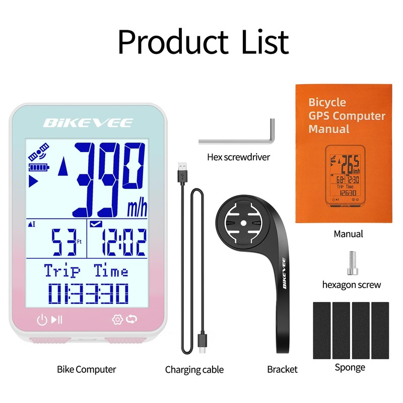 Bikevee GPS Bike Computer, 2.4" Display, IPX7, 8 Languages, 50g