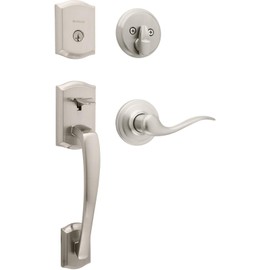 Kwikset Prescott Front Door Lock Handle and Deadbolt Set, Entry Handleset Exterior with Interior Reversible Lever, Satin Nickel, Pick Resistant SmartKey Rekey Deadbolt Security