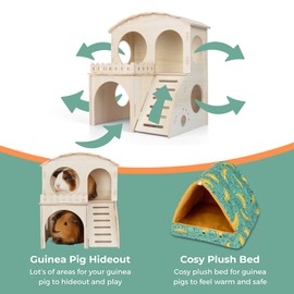 Large Guinea Pig Hideout with Wooden House, Toys & Accessories – Includes Guinea Pig Bed, Castle Hideaway & Chew Toy Bundle with Wooden Hideout, House & Hut Indoor Habitat