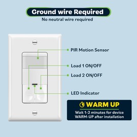 TOPGREENER Dual Load Motion Sensor Switch, PIR Sensor Light and Fan Switch, Occupancy & Vacancy Modes, No Neutral Wire Required, Ground Wire Required, 150W LED/CFL, 1/4HP, Single Pole, TDOS5-JD, White