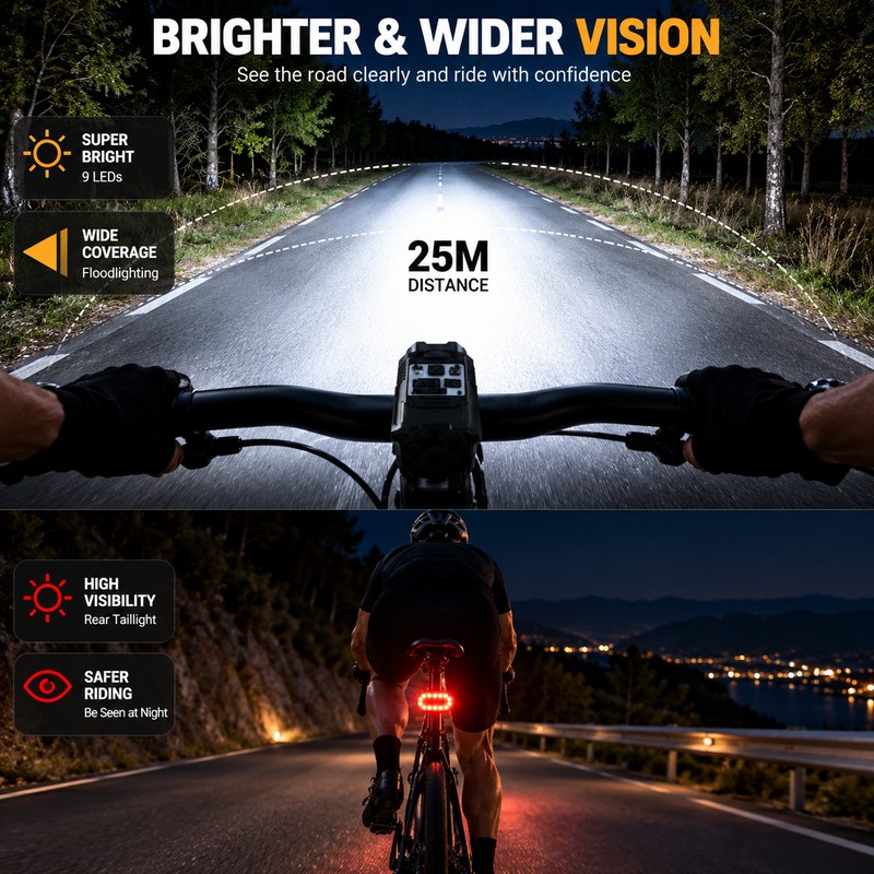 9 LED Bicycle Headlight & Rear Taillight Set – USB