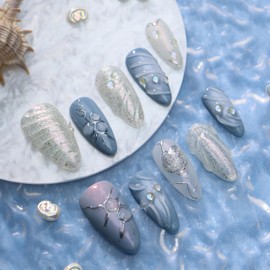 LIFOOST Blue Ocean Press On Nails Almond Medium Fake Nails Silver 3D Shell Stick On Nails Handmade Acrylic Nails for Women Nail Decorations 10 Pcs