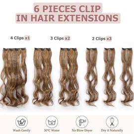 Cybelleza 48 cm Clip-In Extensions, Hairpiece Like Real Hair, 6 Pieces, Hair Extensions, Clip-In Hairpiece, Wavy Hair Thickening, Synthetic Hair, Medium Brown & Dark Blonde