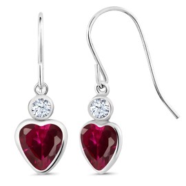 Gem Stone King 14K White Gold Red Created Ruby and White Created Sapphire French Wire Dangle Hook Earrings For Women (2.18 Cttw, Gemstone July Birthstone, Heart 6MM, Round 3MM)