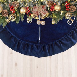 EWAIDI 48-Inch Large Ruffled Velvet Christmas Tree Skirt, Xmas Tree Skirts for Merry Christmas Party Rustic Vintage Christmas Tree Decorations，with Plush Lace Ties，Royal Blue Decorations Indoor