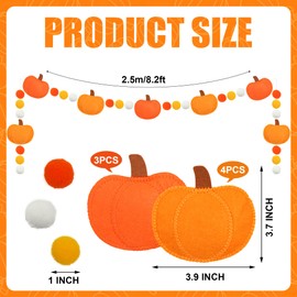 8.2Ft Fall Felt Pumpkin Garland 3D Pumpkin Felt Hanging Garland Fall Orange Pompom Ball Banner Autumn Hanging Decorations for Autumn Harvest Thanksgiving Home Mantel Fireplace Wall Party Decor