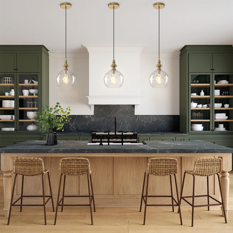 Helitemis 1-Light Brushed Brass Glass Pendant Light, Adjustable Height Modern