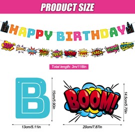 2pcs Hero Birthday Party Banner, Pre-Strung Colorful Hero-Themed Happy Birthday Banner Retro City Hanging Birthday Party Decorations for Celebrating Wall Ceiling Window Home Decor Party Supplies