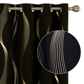 Deconovo Blackout Grommet Gold Pattern Printed Curtains, Black/Wave, 52W x 45L