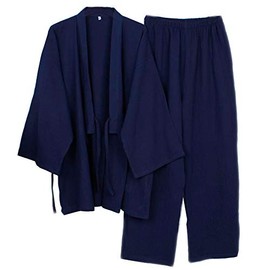 Fancy Pumpkin Japanese Men's Meditation Robe Double Gauze Cotton Bathrobe Kimono Pyjamas Nightdress [Navy, Size XL], Marine01