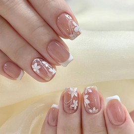 YOSOMMK French Tip Fake Nails Square Short Press on Nails with Designs Glossy Full Cover False Nail Elegant Flower Glue on Artificial Nails Manicure for Women and Girls