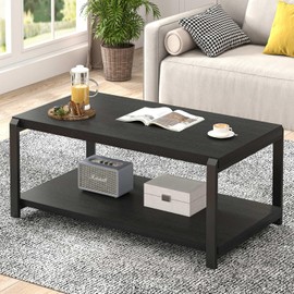 EXCEFUR Coffee Table with Storage Shelf, Rustic Wood and Metal Cocktail Table for Living Room, Grey