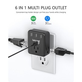 LENCENT Multi Plug Outlet Extender, 2 Pack, USB Brick, 3 Outlets Splitter with 3 USB Ports, Wall Charger, 3 Prong Power Charging Box Expander for Home, Office, Hotel - Black