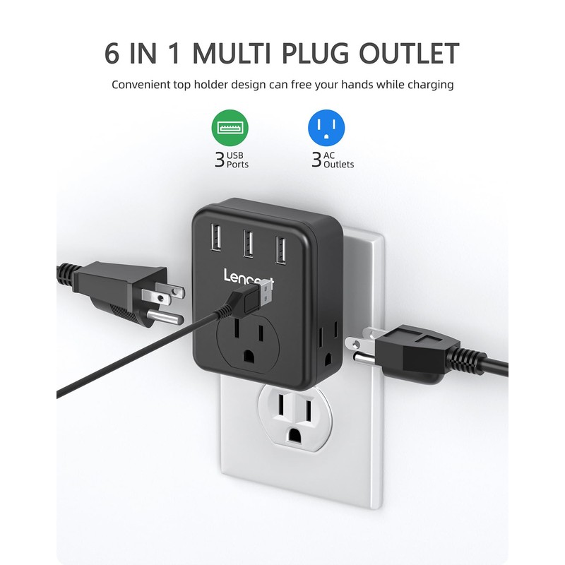 LENCENT Multi Plug Outlet Extender, 2 Pack, USB Brick, 3