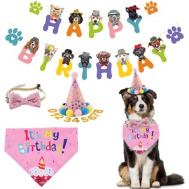 Dog Birthday Hat Bandana Party Decorations, Reusable Dog First Birthday Supplies with Banner Bowtie Numbers Crown, Cute 1st Large Puppy Girl Happy Birthday Outfit Shirt, One Size for Dogs Pet (Pink)