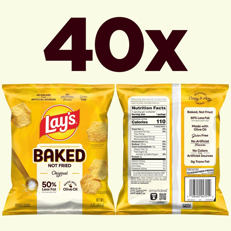 Baked Lay’s Potato Chips, Original, 0.875 oz Bags, (40 Pack),