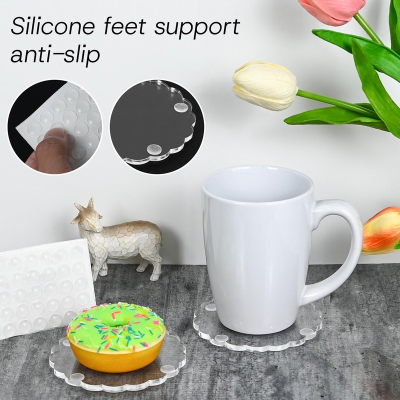 12 Pcs Scalloped Acrylic Coasters for Drinks Clear Coaster with