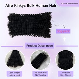 Afro Kinkys Bulk Human Hair 30g/Pack 16 Inch Natural Black Afro Kinky Curly Human Braiding Hair for Dreadlock Extensions 100% Curly Human Hair for Mini Twist,Micro Locs,Repair Locs