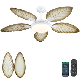 PHORUS 52" Palm Leaf Ceiling Fans with Lights, Outdoor Tropical Ceiling Fans with Remote for Patios Living Room, Dimmable, 6 Speeds, Reversible, Wood Grain