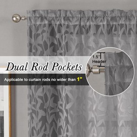 Lecloud Leia Clip Textured Charcoal Grey Sheer Curtains 63 Inch Length 2 Panels, Light Filtering Jacquard Leaf Voile Gray Curtain with Dual Rod Pockets, Kitchen/Bedroom/Living Room Drapes, 38W x 63L
