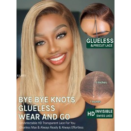 KLAIYI Bye Bye Knots Glueless Wig Blonde with Brown Roots Bob Straight Precut 7x5Lace Front Human Hair Wigs Pre Plucked Pre Bleached Blunt Cut Ombre Highlight Side Part Wig Ready to Wear and Go 14Inch