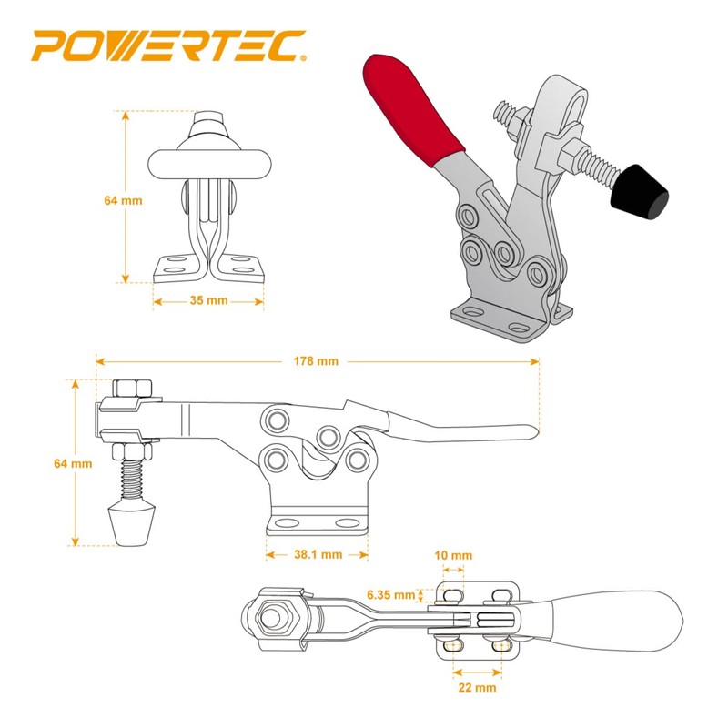 POWERTEC Toggle Clamp Set for T track, 500 lbs Holding