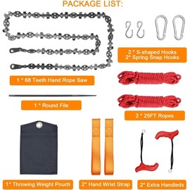 56 Inch High Limb Rope Saw with 68 Sharp Teeth Blades, Hand Rope Chain Saw Kit, Rope Saw Tree Saw High, Hand Rope Chain Saw with Handles, Webbing, S-hook and Sharpener and Cloth Bag