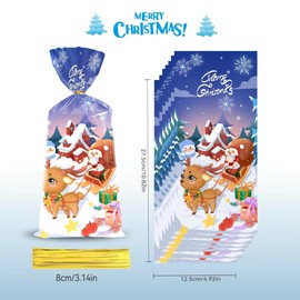 Christmas Treat Bags, 60 Pack Christmas Cellophane Treat Bags, 4.9'' x 10.8'' Treat Candy Bags with 60 Pcs Twist Ties for Cookie Goodies Gift Present Wrap Xmas Party Favor Supplies