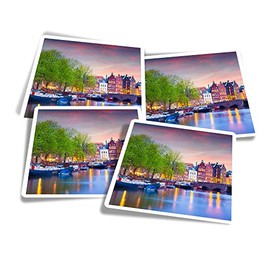 Vinyl Square Stickers (Set of 4) 10cm - Amsterdam Canal Boats Travel for Laptops, Tablets, Luggage, Scrap Booking, Fridges #50090