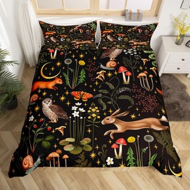 Cartoon Mushroom Duvet Cover Queen Size 3 Pcs Cute Rabbit Owl Wild Animals Bedding Set for Kids Teens Adults Glitter Moon Stars Rustic Jungle Style Comforter Cover with 2 Pillowcases(No Comforter)