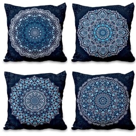 Aoihrraan 20 x 20 Inch Cushion Covers Dark Blue Bohemian Mandala Flower Indian Hippie Boho Style Square Linen Throw Pillow Covers Bedroom Living Room Sofa Outdoor Garden Couch Car, 51x51cm Set of 4